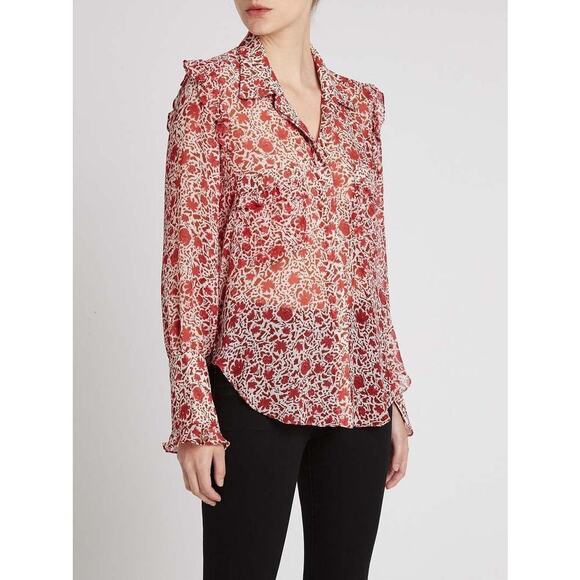 MISA LOS ANGELES Anita Long Sleeve Ruffle Rust Red Floral Animal Blouse - Sz L - Picture 2 of 8